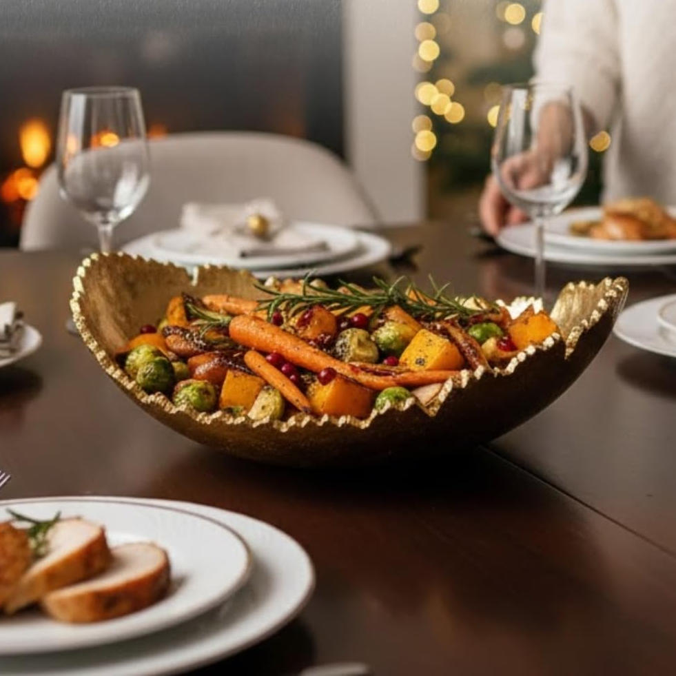 Gold Platter Bowl – Modern Aluminum Decorative Centerpiece with Textured Metallic Finish