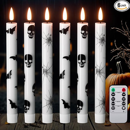 Set of 6 LED Flickering Halloween Taper Candles - Battery Operated, Real Wax with Spider Webs/Skull/Bats