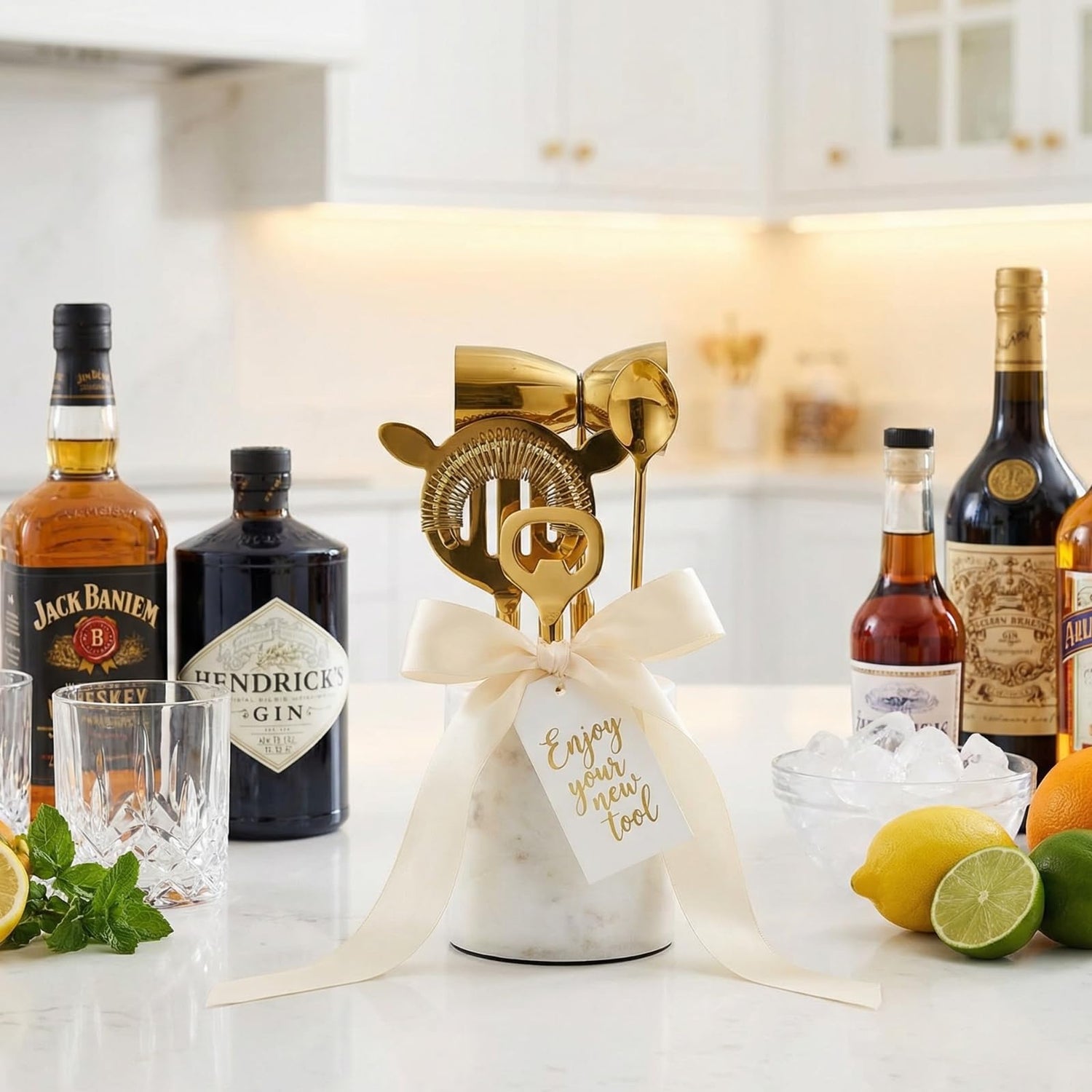 Gold &amp; Marble Cocktail Bar Tool Set - 5 Piece