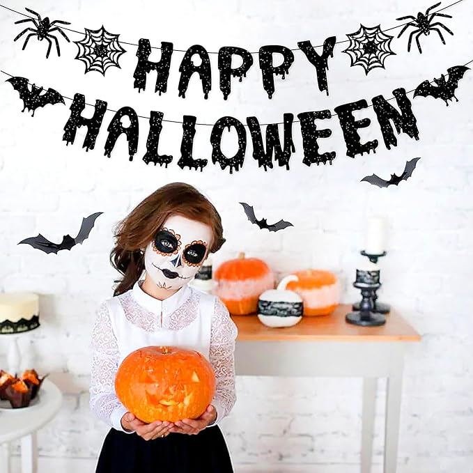 13 Piece Orange &amp; Black Halloween Party Decorations - Banner + Poms