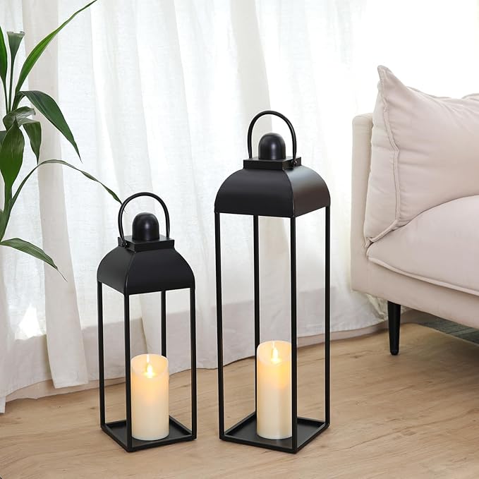 Set of 2 Modern Farmhouse Indoor/Outdoor Black Metal Lanterns