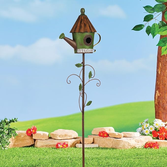 BAYN 57” Metal Watering Can Birdhouse Garden Stake