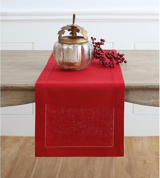 100% Pure Linen Hemstitch Table Runner 14 x 72 Inch - Classic Red