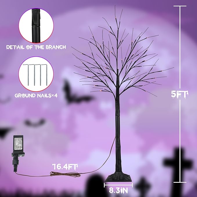 Set of 2 LED Black Trees with Purple and Orange Lights - 5 Ft