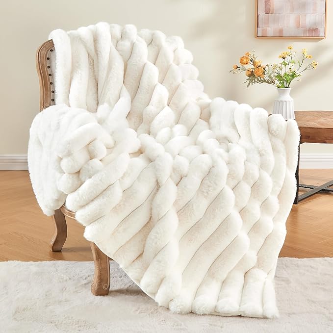 Super Soft and Cozy Faux Rabbit Fur Throw Blanket - Cream, 60 x 80 inch