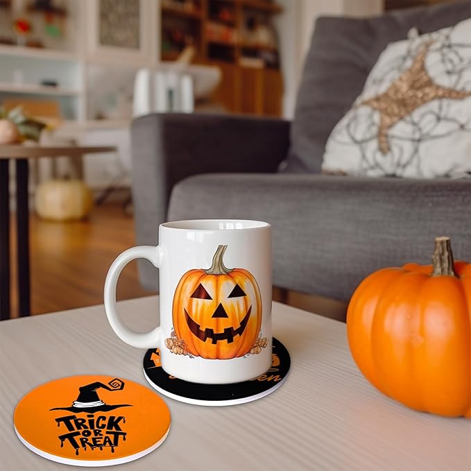 Set of 4 Orange/Black Halloween Ceramic Coasters