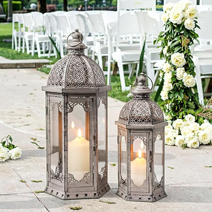 Set of 2 Vintage Metal Candle Lanterns - Antique Gray Finish