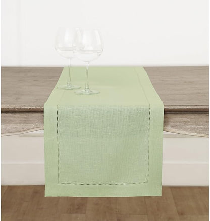 100% Pure Linen Hemstitch Table Runner 14 x 60 Inch - Sagie Green