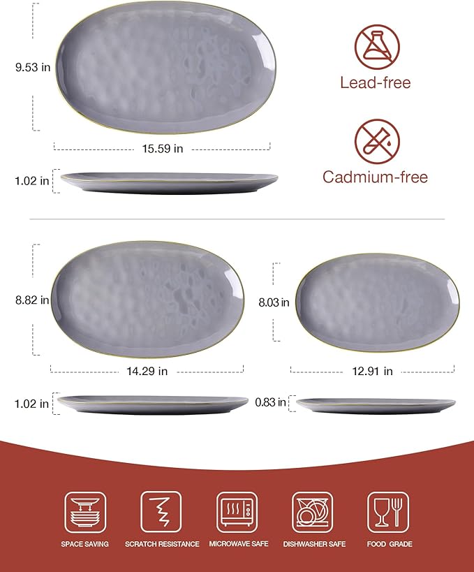 Set of 3 Fine Stonware Oval Serving Trays - Gray