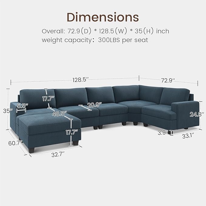 Nolany Sectional Sofa with Storage Ottoman in Blue Corduroy