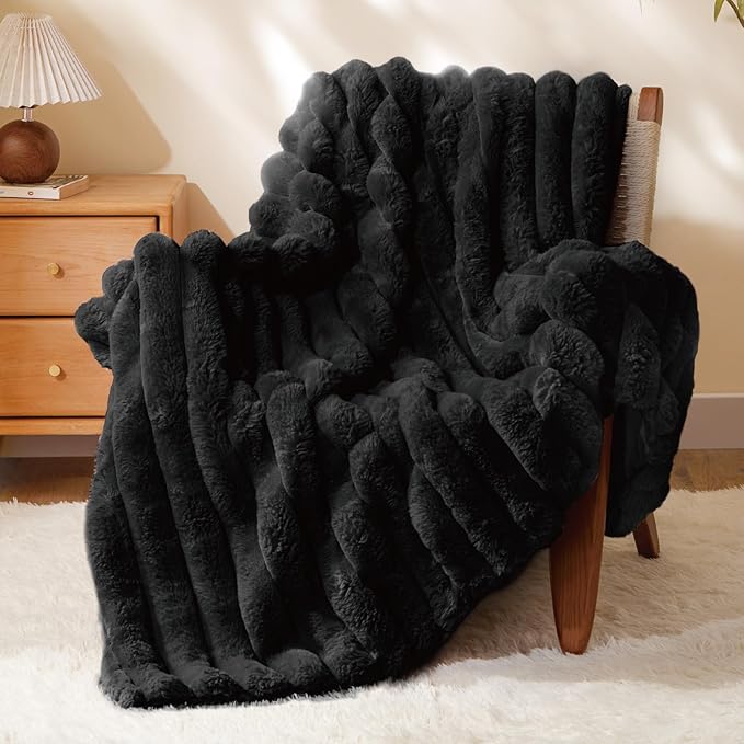 Thick Warm Plush Fuzzy Faux Rabbit Fur Blanket - Black, 50 x 60 inch