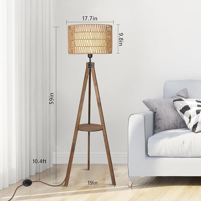 Modern Farmhouse Tripod Floor Lamp with Shelf