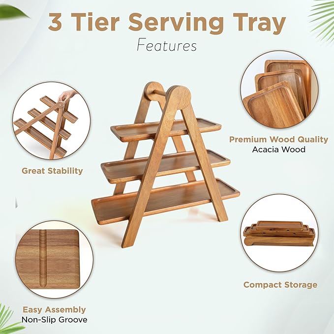 3 Tier Wooden Serving Tray with Tongs