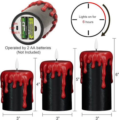 Set of 3 Halloween Flameless Candles with 6H Timer - Black/Red