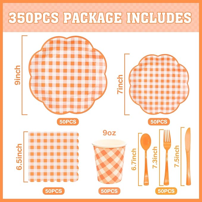 350 Pcs Orange and White Gingham Party Supplies - Serves 50