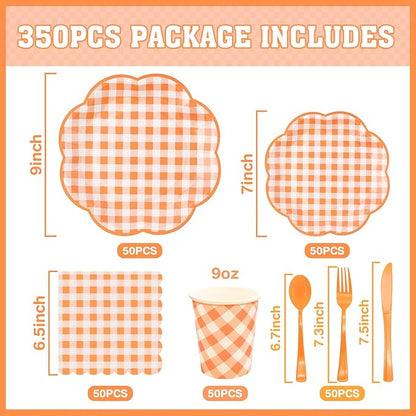 350 Pcs Orange and White Gingham Party Supplies - Serves 50
