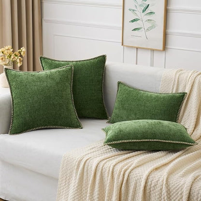 Pack of 2 Moss Green Stitched Edge Soft Chenille Pillow Covers - 18 x 18 inch