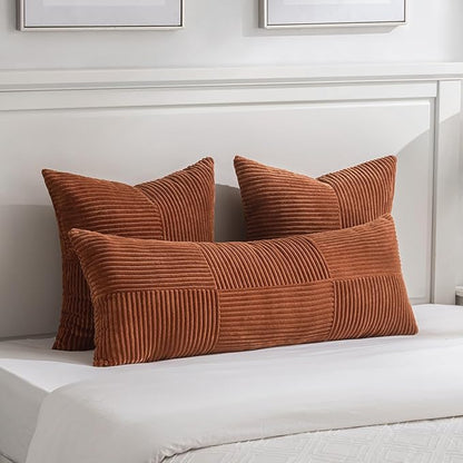 2 Pc Soft Corduroy Patchwork Pillow Covers -  18 x 18 inch, Terracotta