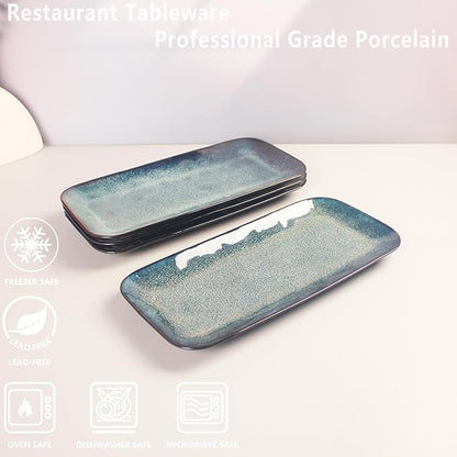 Set of 4 Rectangular Serving Platters - Blue reactive glaze, 12.7 Inch