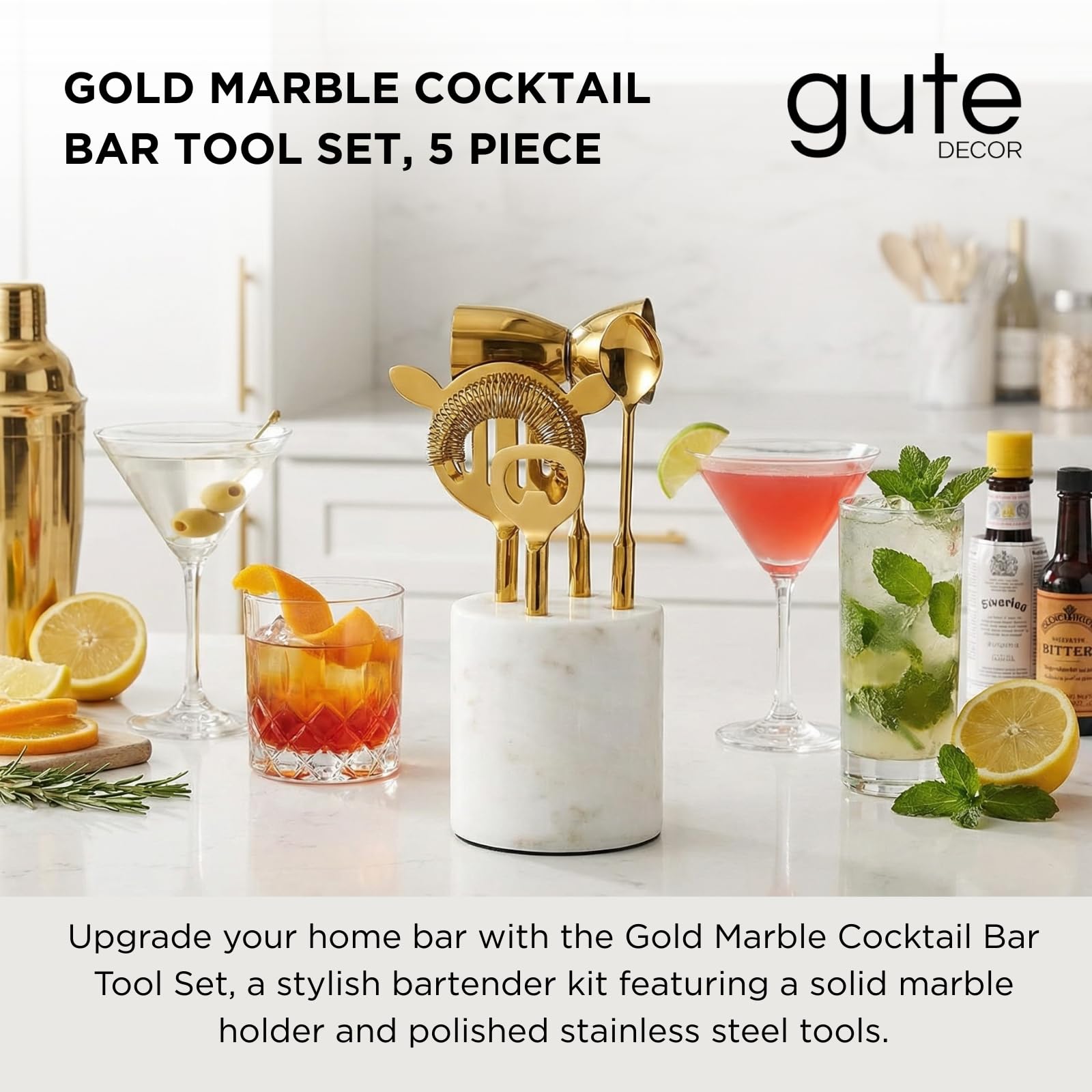 Gold &amp; Marble Cocktail Bar Tool Set - 5 Piece