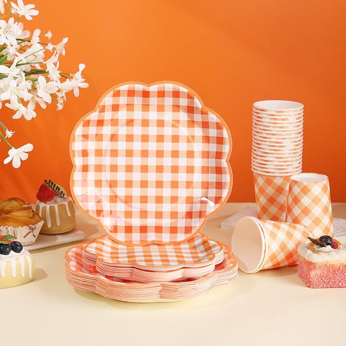 350 Pcs Orange and White Gingham Party Supplies - Serves 50