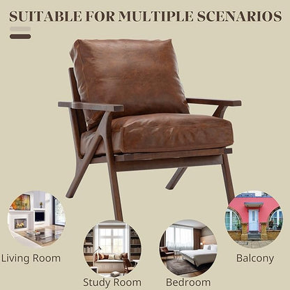 Wahson Brown Leather Mid-Century Modern Accent Chair and Ottoman Set in Faux Leather