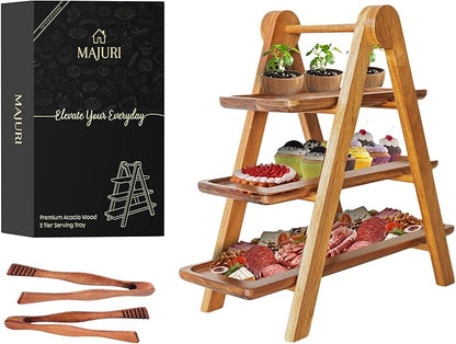 3 Tier Wooden Serving Tray with Tongs