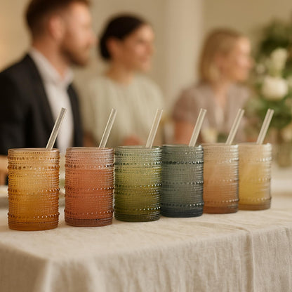 Khen Hobnail Drinking Glasses with Straws | Muted Colors | Set of 6