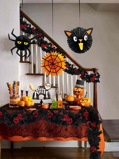 Creepy Halloween Garland with Black Leaves and Blood Red Roses - 2 Pieces, 5.7 Ft