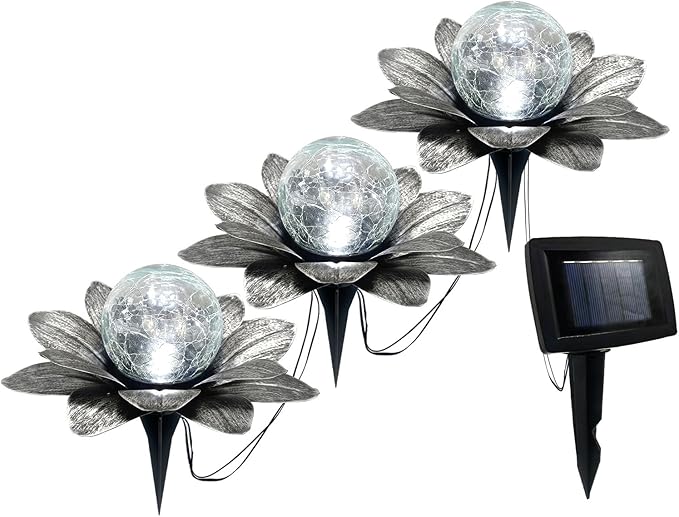 Set of 3 Silver Gray Lotus Flower Pathway Lights with Cool White Crackle Glass