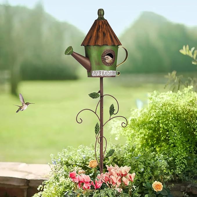 BAYN 57” Metal Watering Can Birdhouse Garden Stake