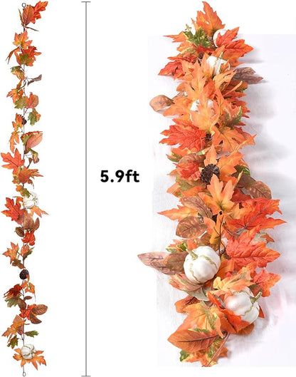 6ft Fall Garland - Orange Leaves/White Pumpkins/Pinecones