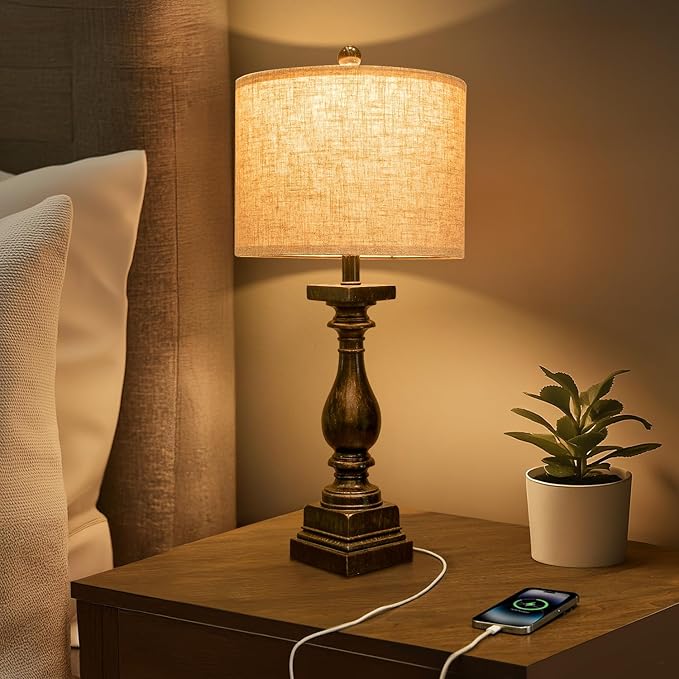 Set of 2 Traditional Farmhouse Table Lamps with USB A + C Charging Ports - Black