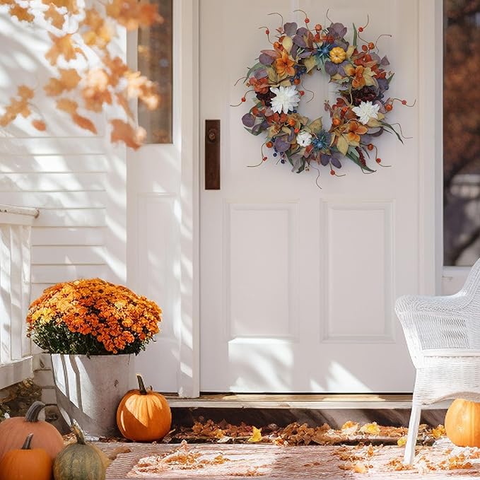 24 Inch Autumn Wreath with Pumpkins, Silk Leaves &amp; Purple Flowers