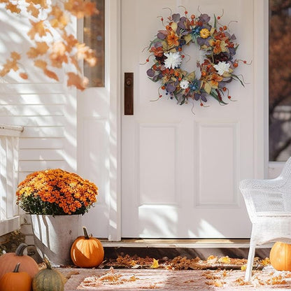 24 Inch Autumn Wreath with Pumpkins, Silk Leaves &amp; Purple Flowers