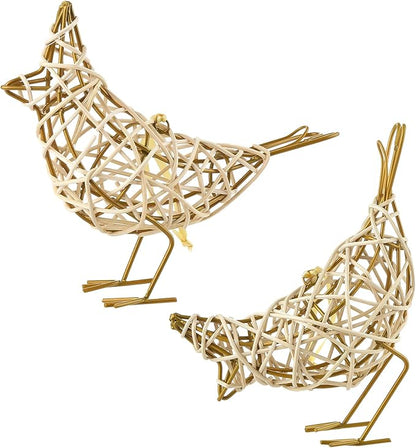 Woven Bird Duo - Metal &amp; Rattan Tabletop Sculptures/Card Holders/Hanging Ornaments - Set of 2