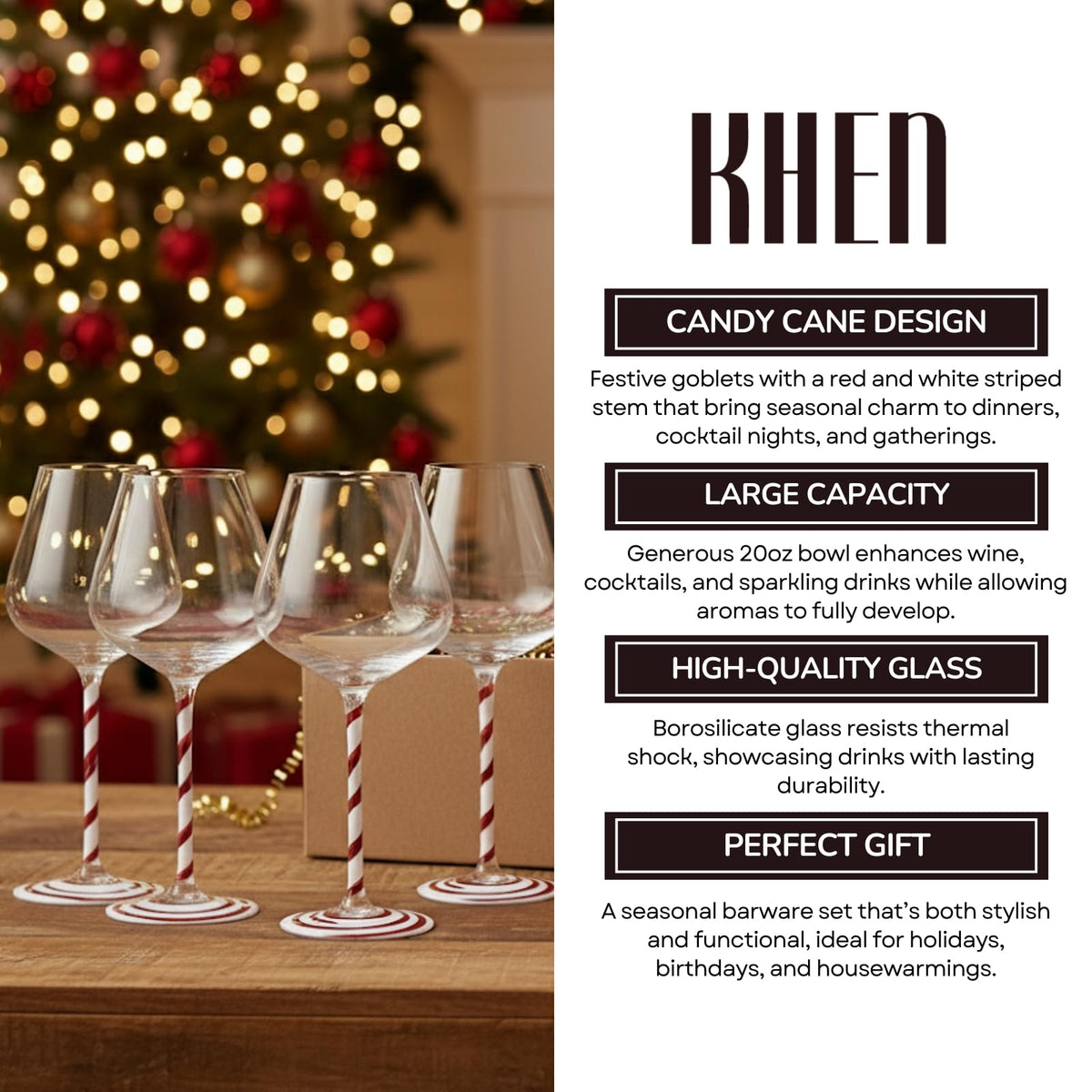 Holiday Candy Cane Wine Glasses - Set of 2