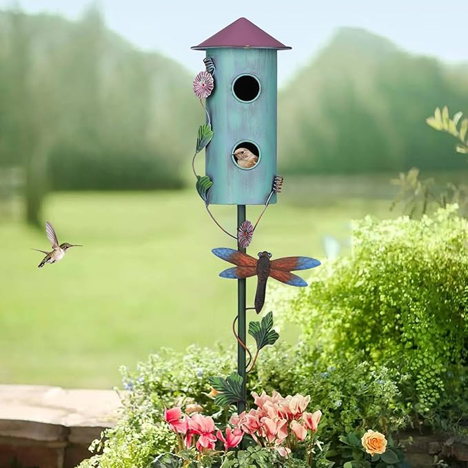 BAYN 57” Metal Wild Bird Feeder Double-Hole Birdhouse Stake