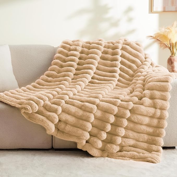 Soft and Cozy Luxurious Faux Fur Throw Blanket - Light Brown, 60 x 80 inch