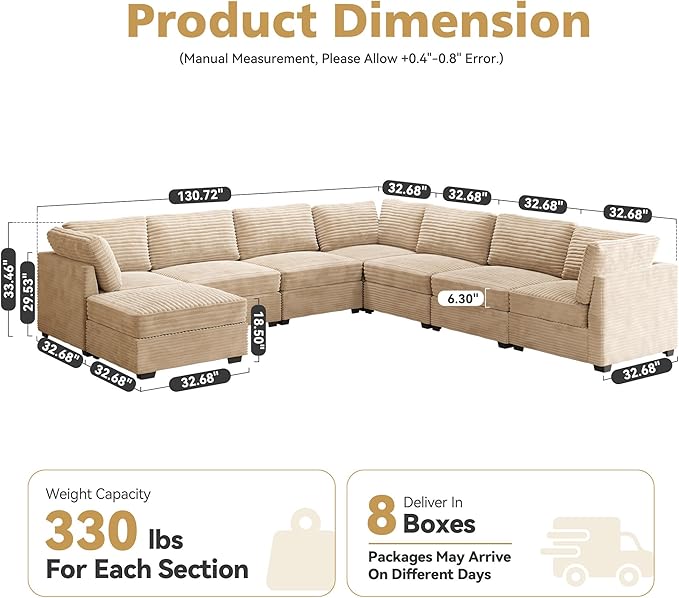 8-Seater Comfy Cloud Modular Sectional with One Movable Ottoman in Tan Corduroy