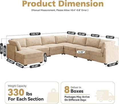 8-Seater Comfy Cloud Modular Sectional with One Movable Ottoman in Tan Corduroy