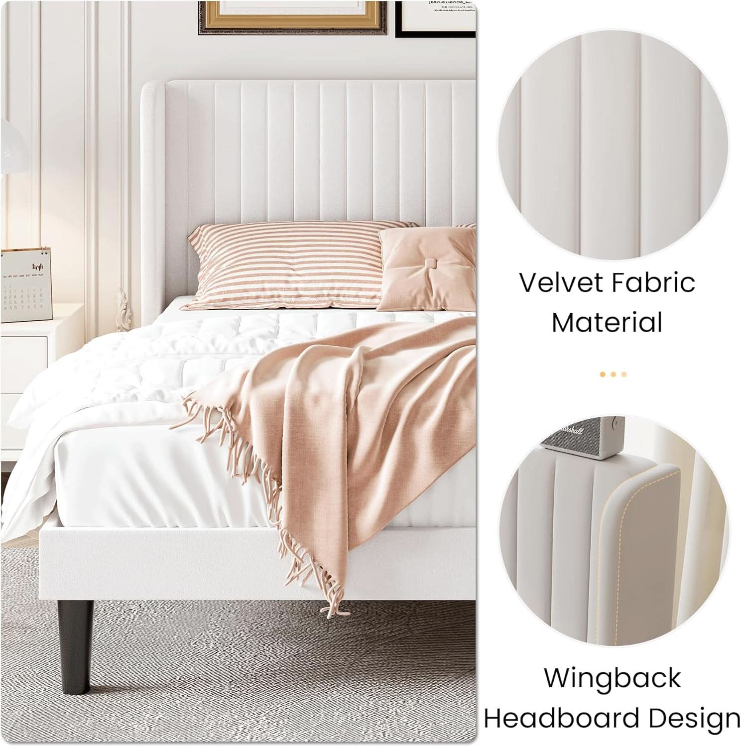 Upholstered Full Size Bed Frame With Wingback Headboard in White Velvet
