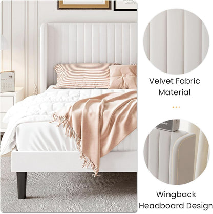Upholstered Full Size Bed Frame With Wingback Headboard in White Velvet