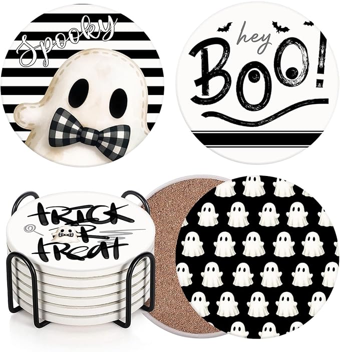 Set of 6 Halloween Hey Boo Black &amp; White Ceramic Stone Drink Coasters with Cork Base and Metal Holder