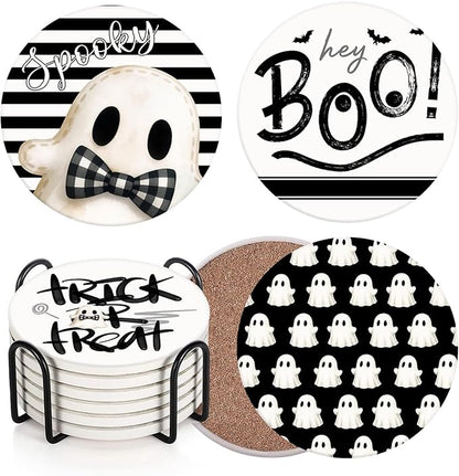 Set of 6 Halloween Hey Boo Black &amp; White Ceramic Stone Drink Coasters with Cork Base and Metal Holder