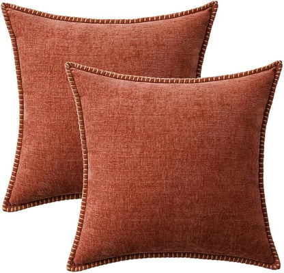 2 Pc Stitched Edge Soft Chenille Pillow Covers - 20 x 20 inch, Burnt Orange
