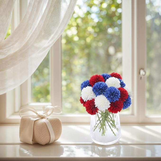21 Piece Faux Chrysanthemum Flowers - Red/White/Blue