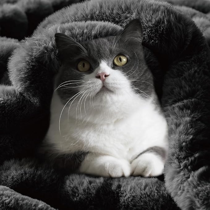 Thick Warm Plush Fuzzy Faux Rabbit Fur Blanket - Black, 50 x 60 inch