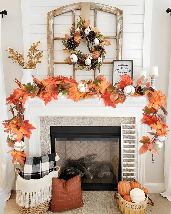 6ft Fall Garland - Orange Leaves/White Pumpkins/Pinecones