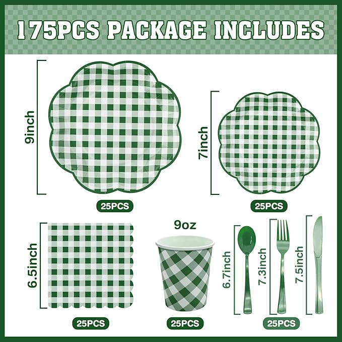 175 Pcs Green Gingham Plates and Napkins Party Supplies -  Serve 25 Guests